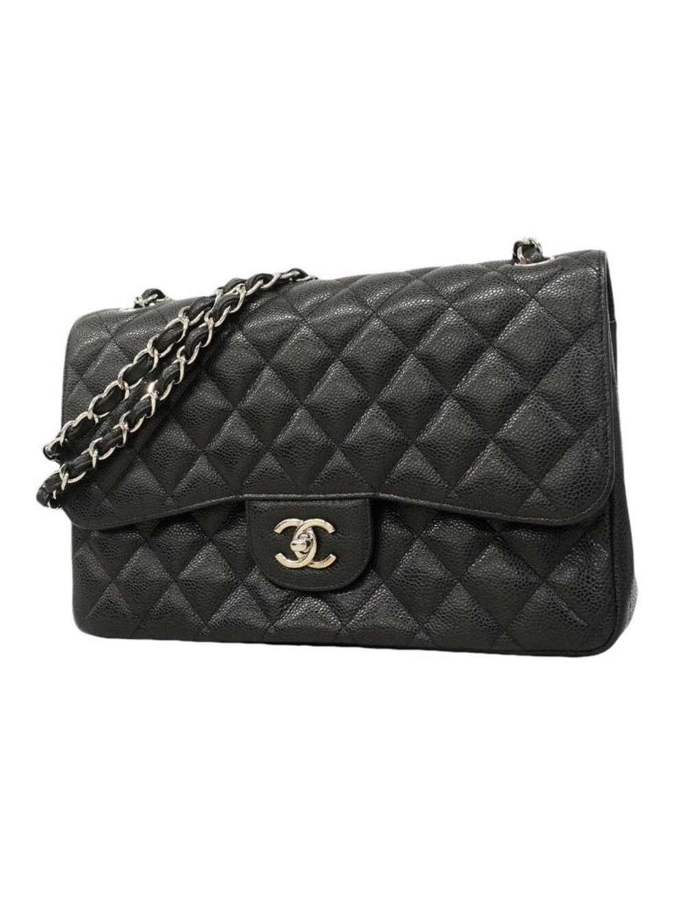 Chanel Shoulder Bag Maxi Quilted Caviar Leather Black Silver